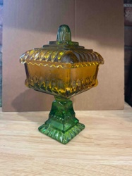 Mid-Century Two-Tone Amber and Green Pedestal Covered Candy Dish