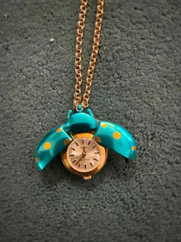 Teal Ladybug Pendant Watch on Gold-Tone Chain