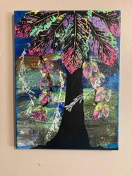 Vibrant Abstract Tree Painting with Fluid Art Background