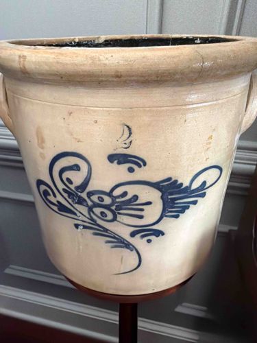 Antique Salt-Glazed Stoneware Butter Crock with Cobalt Blue Bird Decoration