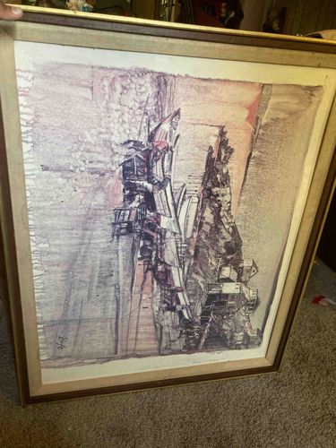 Abstract Ink and Wash Drawing Mounted in Wood Frame