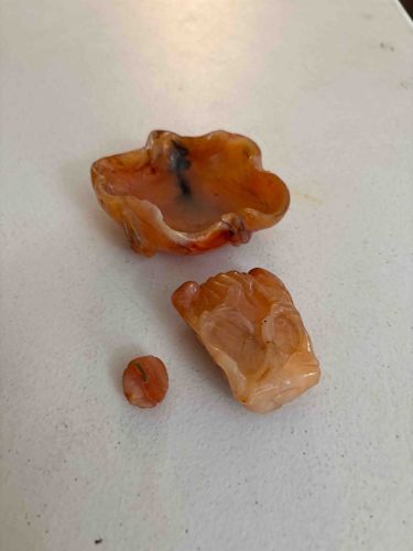 Chinese Carved Red Agate Brush Washer and Figural Scholar's Objects