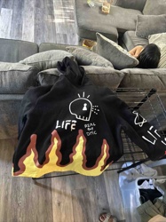 Customized Black Hoodie with "LIFE" and Flame Design