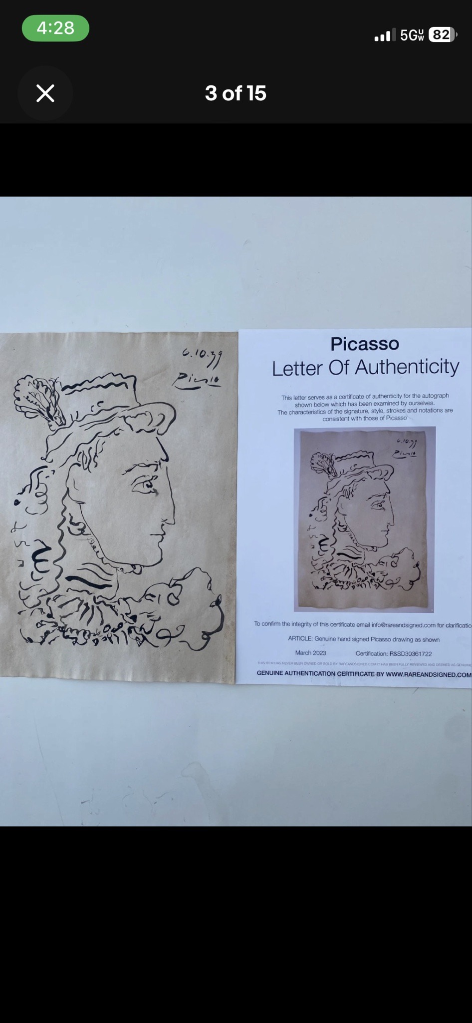Submitted photo of Ink drawing on paper bearing a signature reading 'Picasso' (unauthenticated)