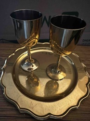 Set of Two Lacquered Brass Goblets with Scalloped Tray