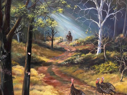 Forest Scene with Horseman, Turkeys, and Raccoon Painting