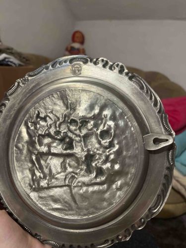 Pewter Wall Decor Plate with Embossed Hunting Scene