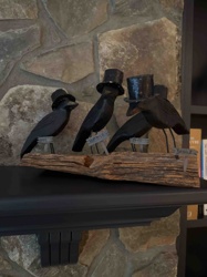 Carved Wooden Crows with Top Hats on Driftwood Base