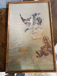 Framed Silk Embroidery of Eagle and Sunset Seascape