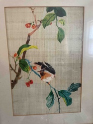 Chinese Silk Painting of Bird on Shrubbery (Framed)