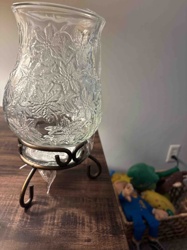 Embossed Glass Hurricane Candle Holder with Wrought Iron Stand