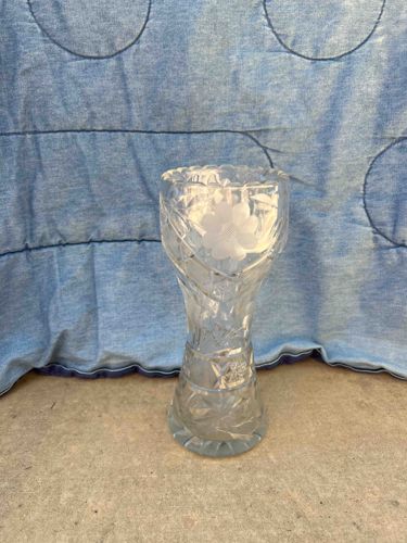 Clear Pressed or Cut Glass Vase with Floral and Geometric Patterns