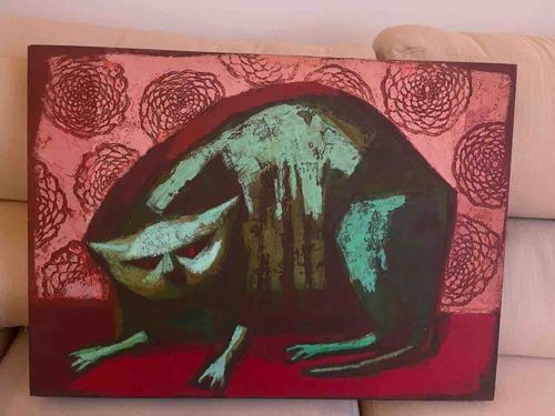 Modernist Stylized Cat Painting by G. Bianchetti, 1973