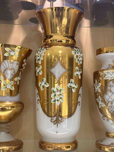 Murano Italian Venetian Glass Vase, Gold Leaf and Enamel Floral Overlay
