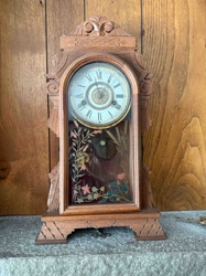 Antique Carved Oak Mantel Clock with Reverse Painted Glass