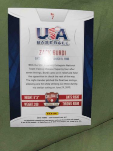 Zack Burdi 2015 Panini USA Baseball Collegiate National Team Trading Card (Reverse Side)