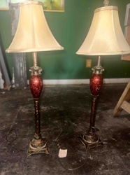 Pair of Vintage Ornate Table Lamps with Red Glass Accents