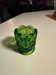 Green Moon and Star Pattern Pressed Glass Toothpick Holder or Small Vase