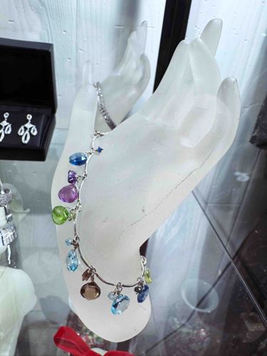 Multi-Color Gemstone Sterling Silver Dangle Charm Bracelet