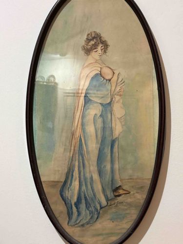 Oval Framed Watercolor Painting: Mother and Child by Lucille Simon (1908)