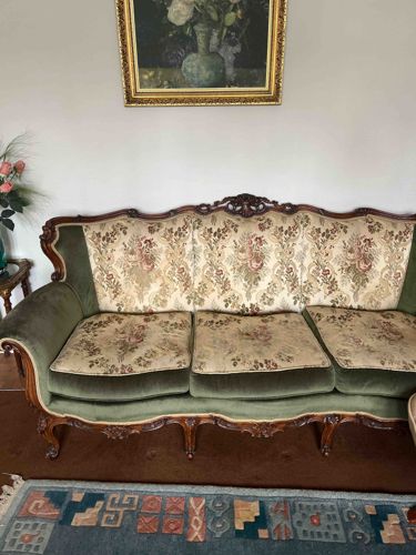Victorian Style Carved Wood and Upholstered Sofa