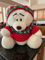 White Plush Bear in Christmas Sweater and Hat