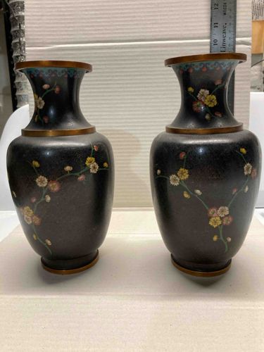 Pair of Chinese Cloisonné Vases with Floral Motifs