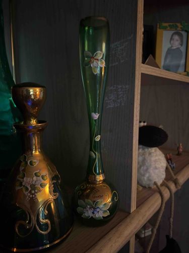 Bohemian Painted Glass Bud Vase, Green with Floral and Gilt Decoration