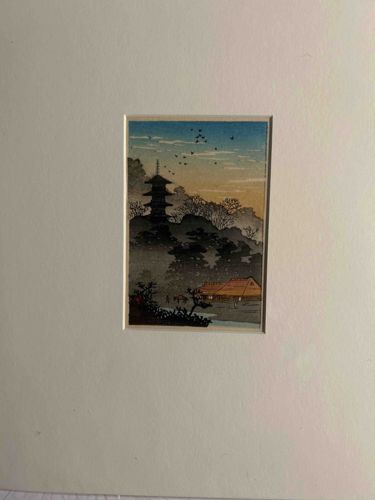 Shotei 'Evening Glow on Pagoda and Deep Wood' Japanese Woodblock Print