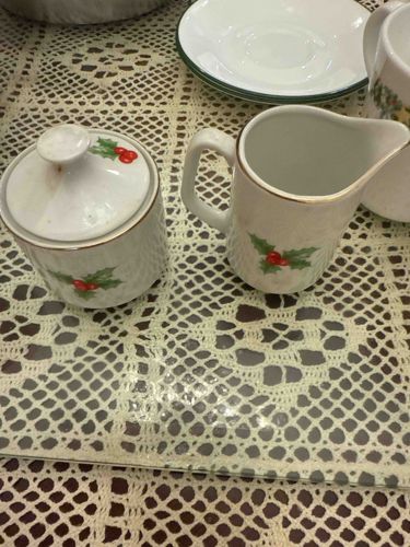 Christmas Holly Pottery Creamer and Sugar Bowl Set