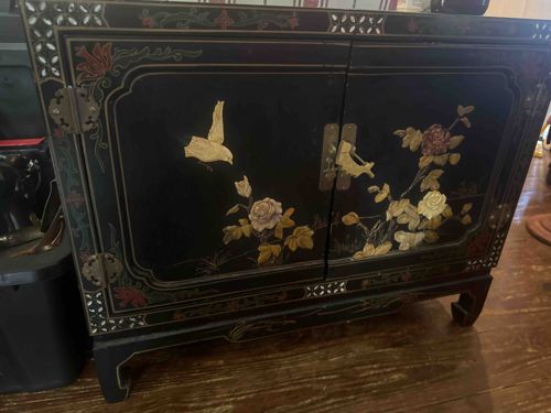 Black Lacquer Oriental Cabinet with Mother-of-Pearl Inlay