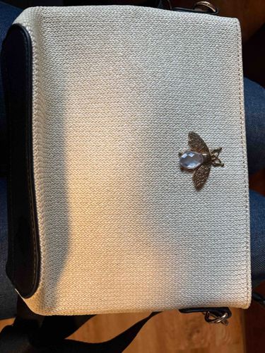 Woven Fabric and Faux Leather Crossbody Bag with Bee Embellishment