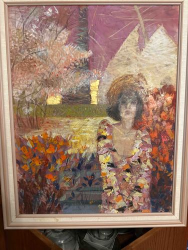 Figurative Landscape Painting with Gold Leaf Accents