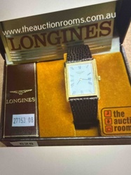 Longines Gold-Tone Rectangular Wristwatch with Leather Strap in Original Box