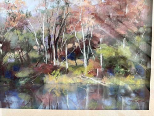 Pastel Painting of Autumnal Woodland and Reflective Water