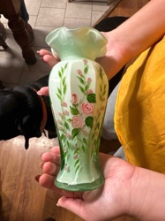 Hand-Painted Ruffled Opalescent Glass Vase with Roses