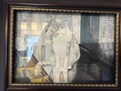 Framed Watercolor Painting of a Cat by a Piano