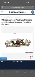 14K Yellow Gold Platinum Diamond Seed Pearl Art Nouveau Floral Bar Pin