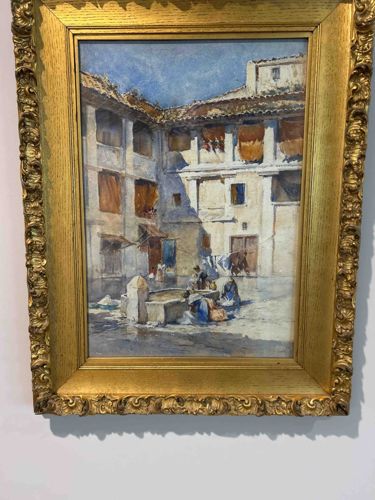 European Town Square Watercolor Painting in Ornate Gold Frame