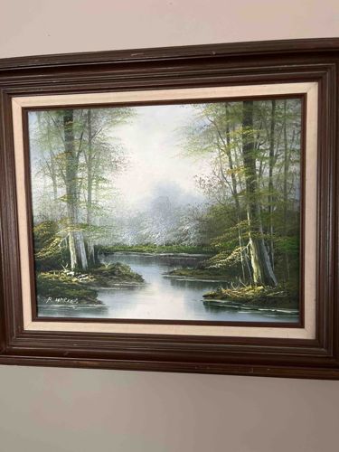 Riverside Forest Landscape Oil Painting by R. Moore