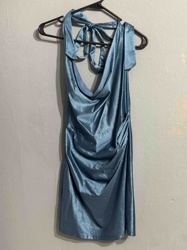 Glittery Blue Ruched Halter Mini Dress