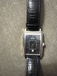 Hugo Boss Men's Black Dial Rectangular Watch with Alligator-Embossed Leather Strap