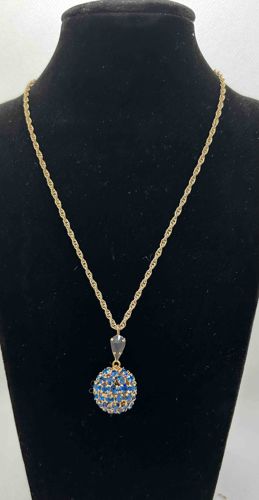 Vintage Blue Rhinestone Necklace with Pave Ball Pendant