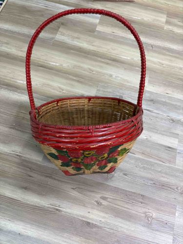 Vintage Hand-Painted Floral Woven Wicker Basket with Red Trim
