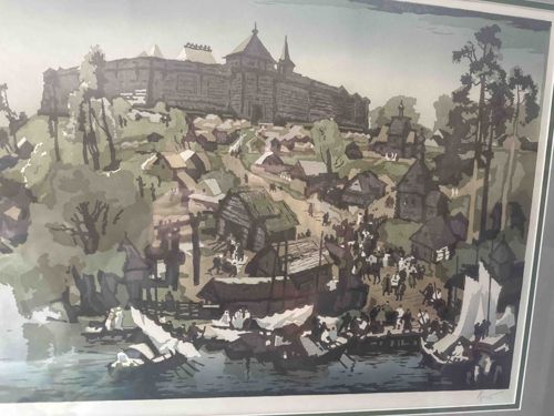 Russian Village Scene with Wooden Fortress Watercolor