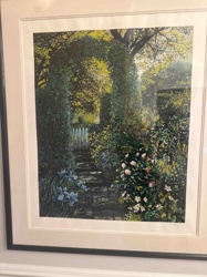 Framed Print of a Garden Scene with White Gate