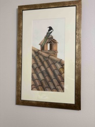 Ching Walter Original Watercolor Painting: Magpie on Terracotta Roof