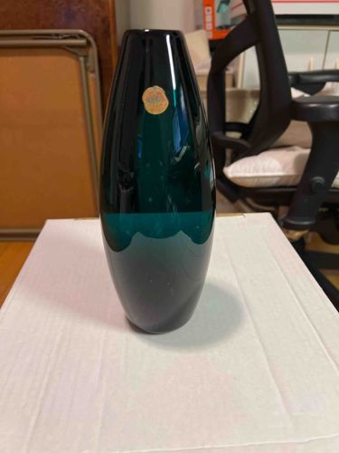 Teal Art Glass Vase with Oval Form and Label