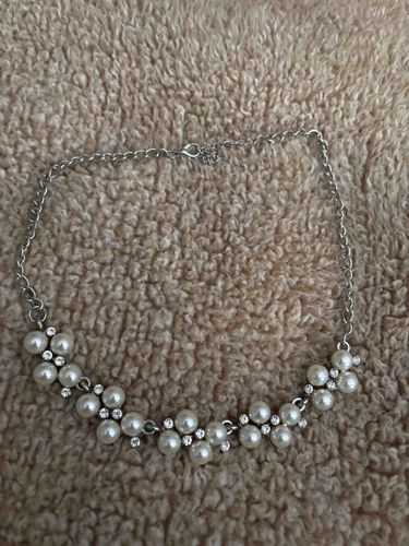 Silver-Tone Faux Pearl and Rhinestone Choker Necklace