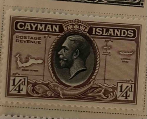 Cayman Islands 1/4d Postage Revenue Stamp with King George V and Islands Map